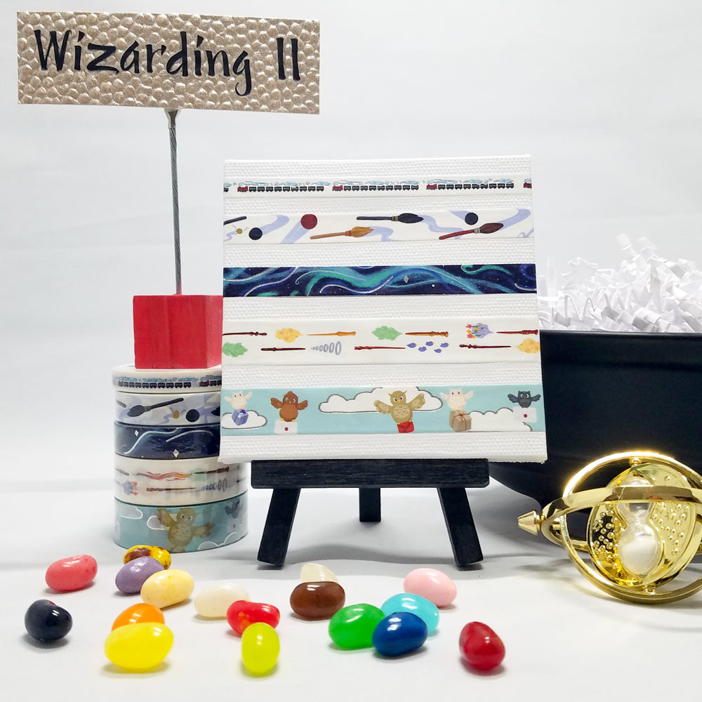 washi tape coordinated set for harry potter fans, 5 rolls, train, magic, broomsticks, owl post, and wands